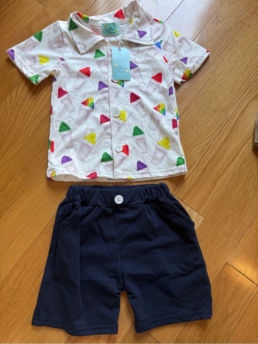NWT Southern Chicks Toddler Rainbow Popsicle Button-Up Shirt & Navy Shorts Set